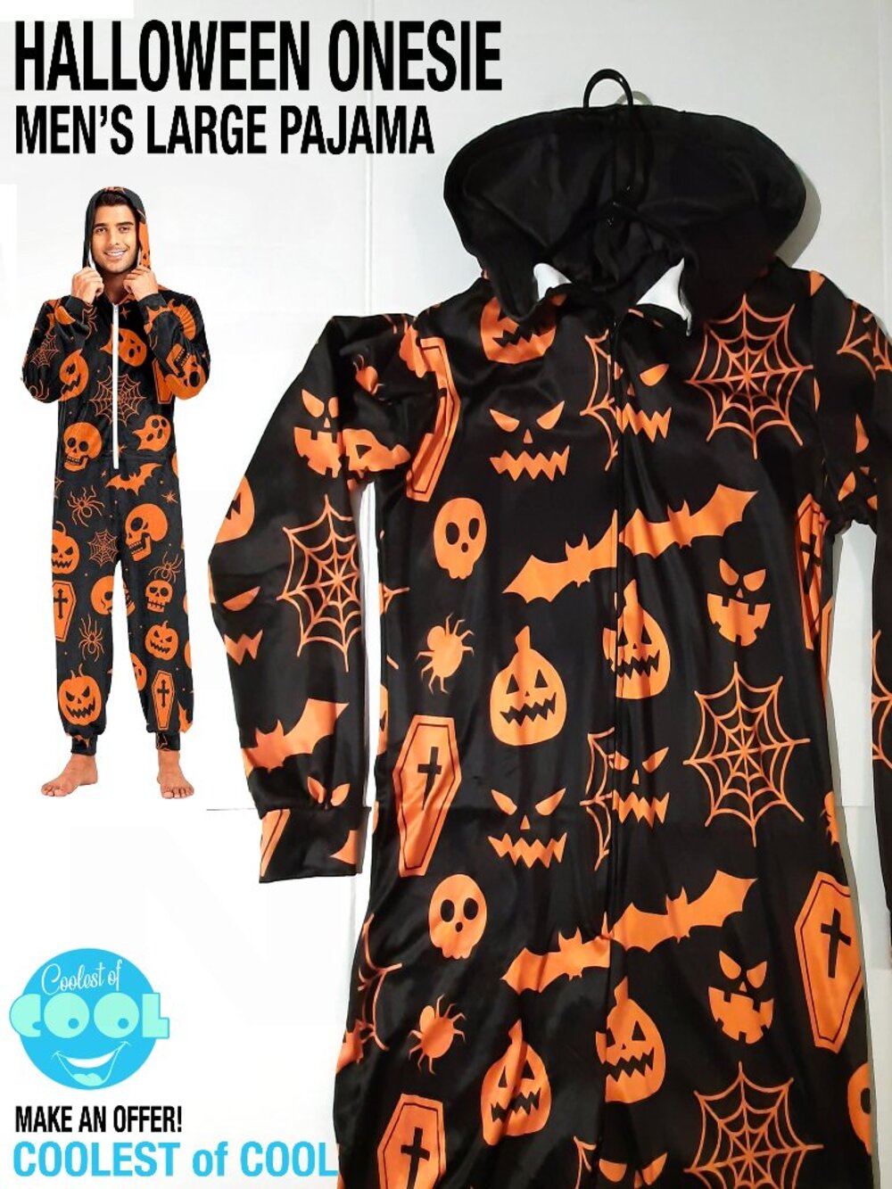 Men's Large Halloween Pajamas Hooded Zip-up Black Orange Pumpkin Skull Web new